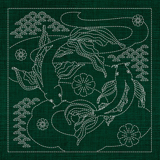 Sashiko Australia Butterfly Koi and Plum Blossom GREEN , piecing and stitching