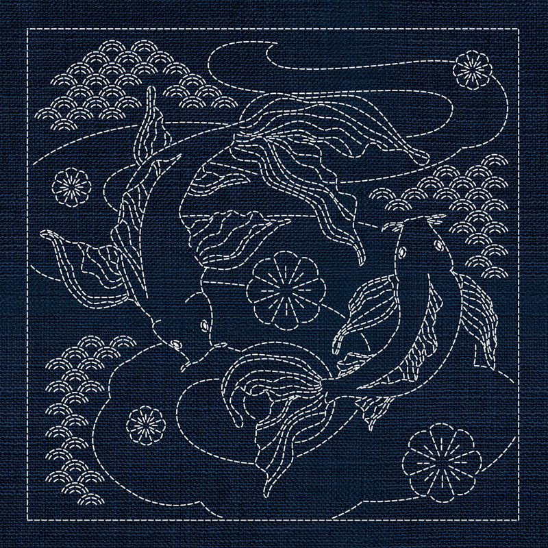 Sashiko Australia Butterfly Koi and Plum Blossom INDIGO , piecing and stitching