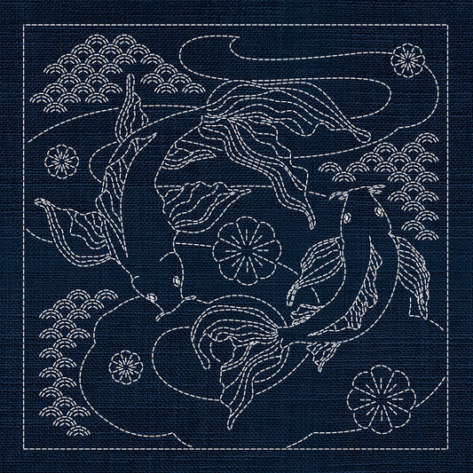 Sashiko Australia Butterfly Koi and Plum Blossom INDIGO , piecing and stitching
