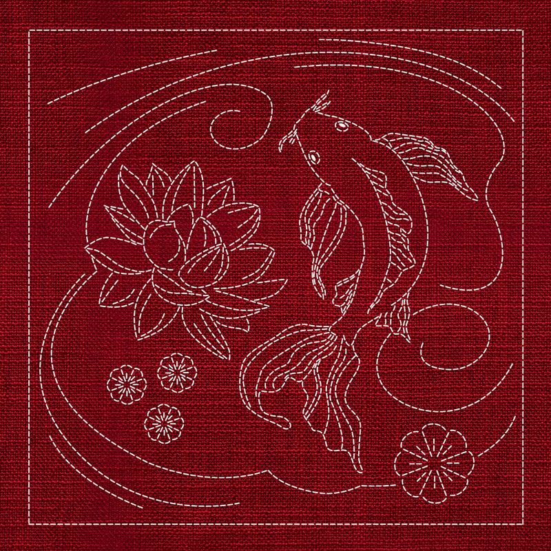 Sashiko Australia Butterfly Koi and Lotus Flower CHERRY RED , piecing and stitching