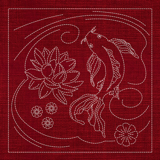Sashiko Australia Butterfly Koi and Lotus Flower CHERRY RED , piecing and stitching