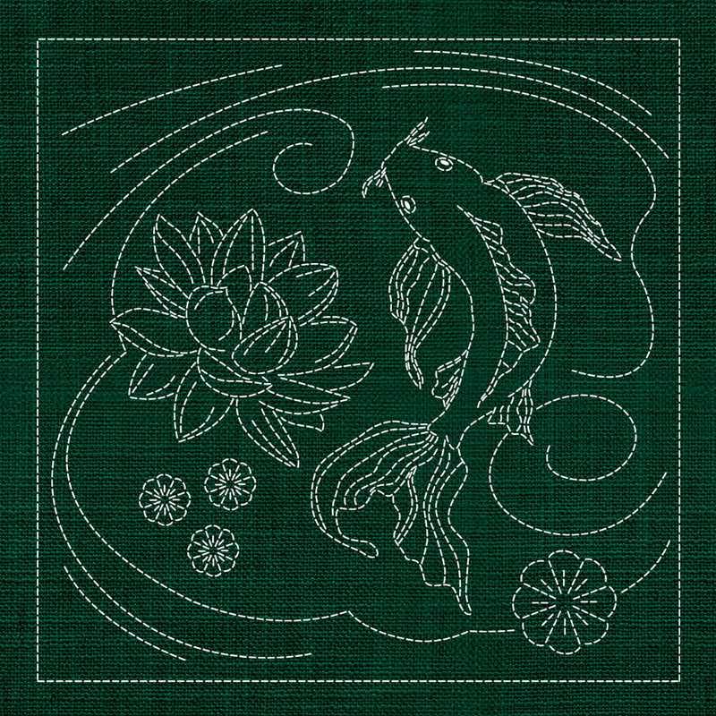 Sashiko Australia Butterfly Koi and Lotus Flower GREEN , piecing and stitching