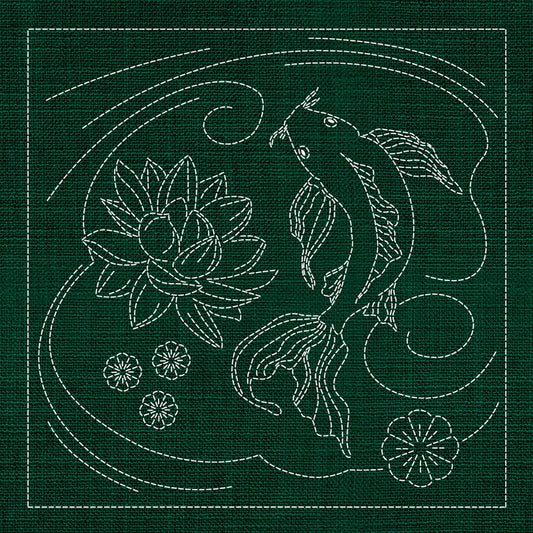 Sashiko Australia Butterfly Koi and Lotus Flower GREEN , piecing and stitching