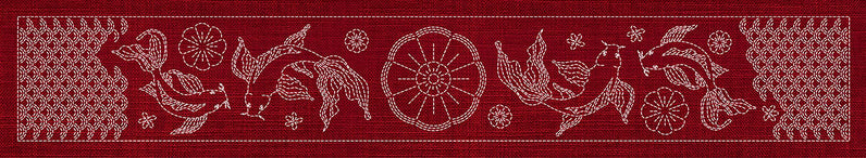 Sashiko Butterfly Koi and Blossom Runner CHERRY RED , piecing and stitching
