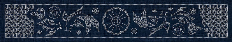Sashiko Butterfly Koi and Blossom Runner INDIGO , piecing and stitching