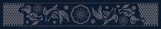 Sashiko Butterfly Koi and Blossom Runner INDIGO , piecing and stitching