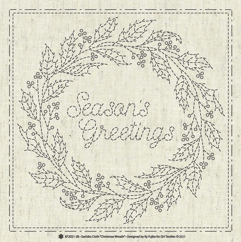 Sashiko Cloth - Christmas Wreath , piecing and stitching