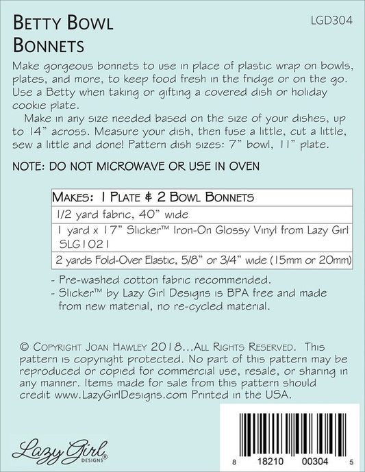 Betty Bowl Bonnets Pattern , quilting and craft projects