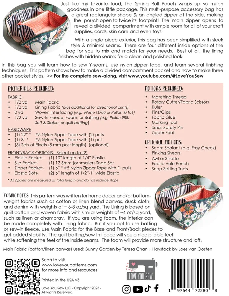 Spring Roll Pouch Pattern for bag making and sewing projects