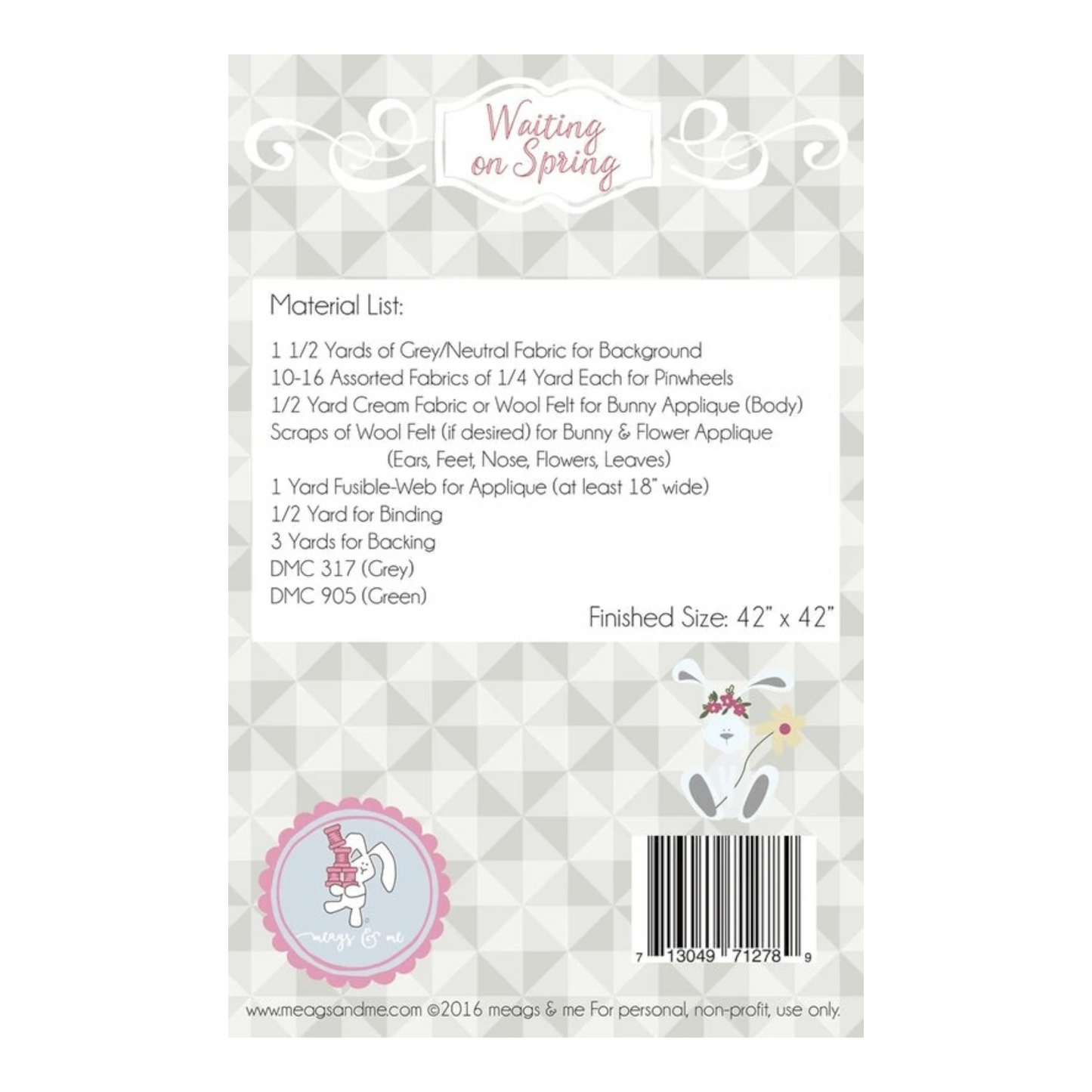 Waiting on Spring Quilt Pattern, a sewing pattern for a 42" x 42" quilt featuring a bunny and flowers.