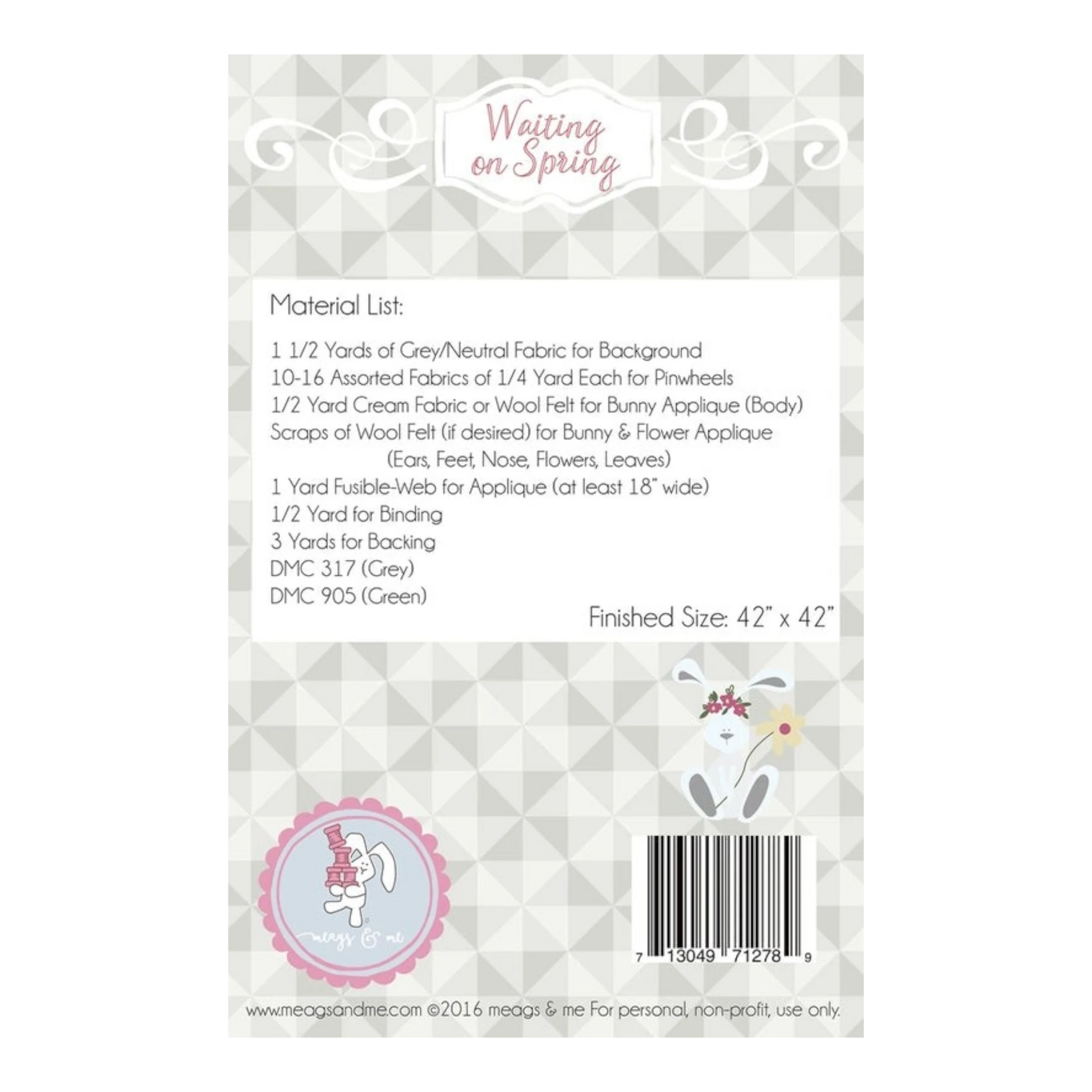 Waiting on Spring Quilt Pattern, a sewing pattern for a 42" x 42" quilt featuring a bunny and flowers.