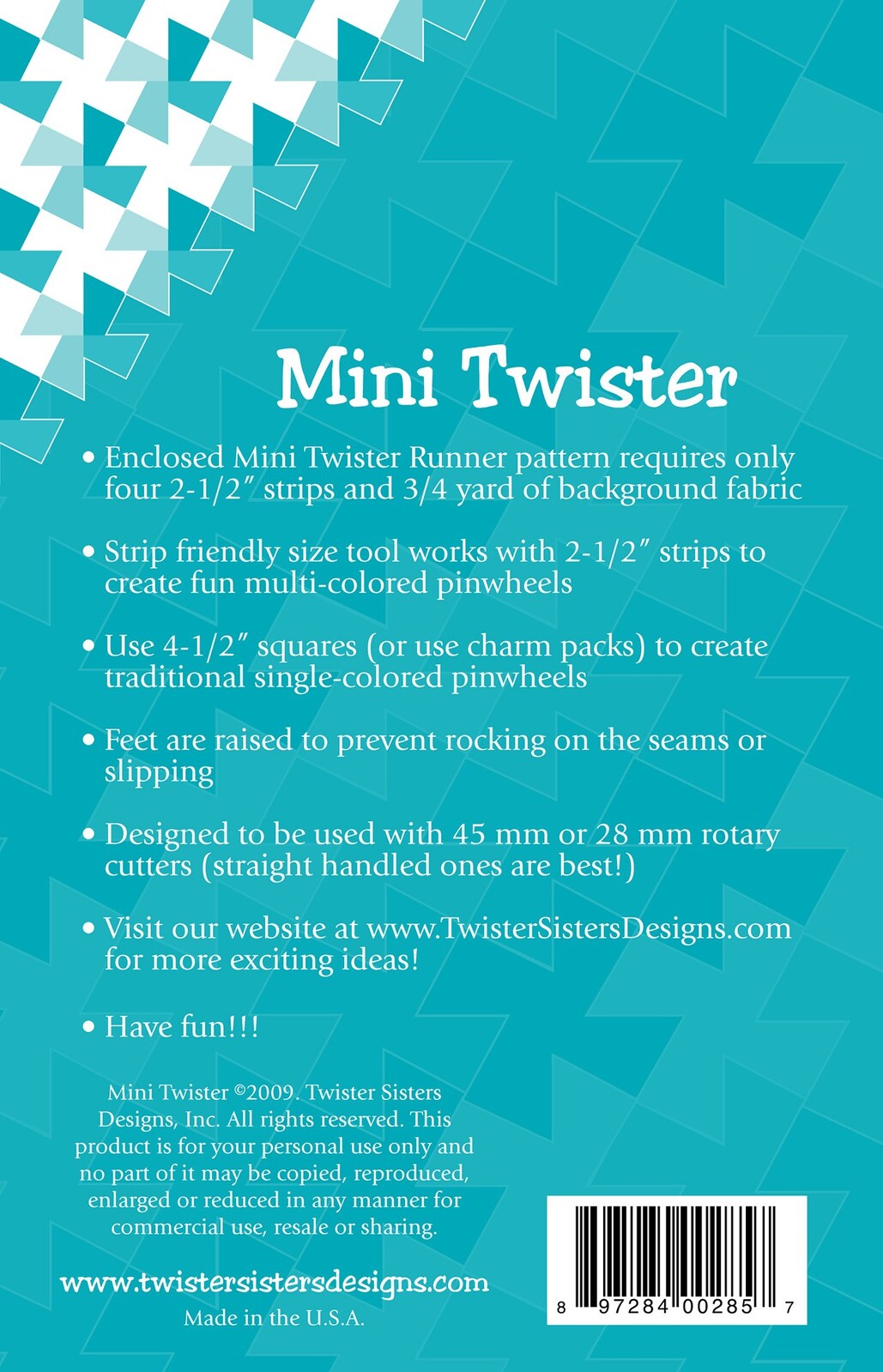 Mini Twister Pinwheel Template for precise cutting, marking and patchwork