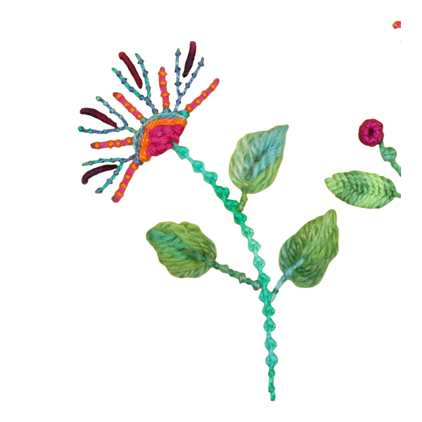 Everything Fabric embroidery sample featuring dimensional raised leaf stitches and colorful floral designs on yellow