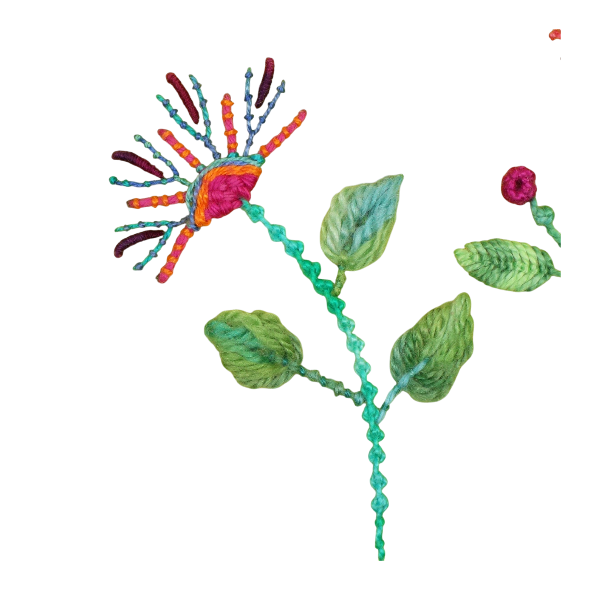 Everything Fabric embroidery sample featuring dimensional raised leaf stitches and colorful floral designs on yellow