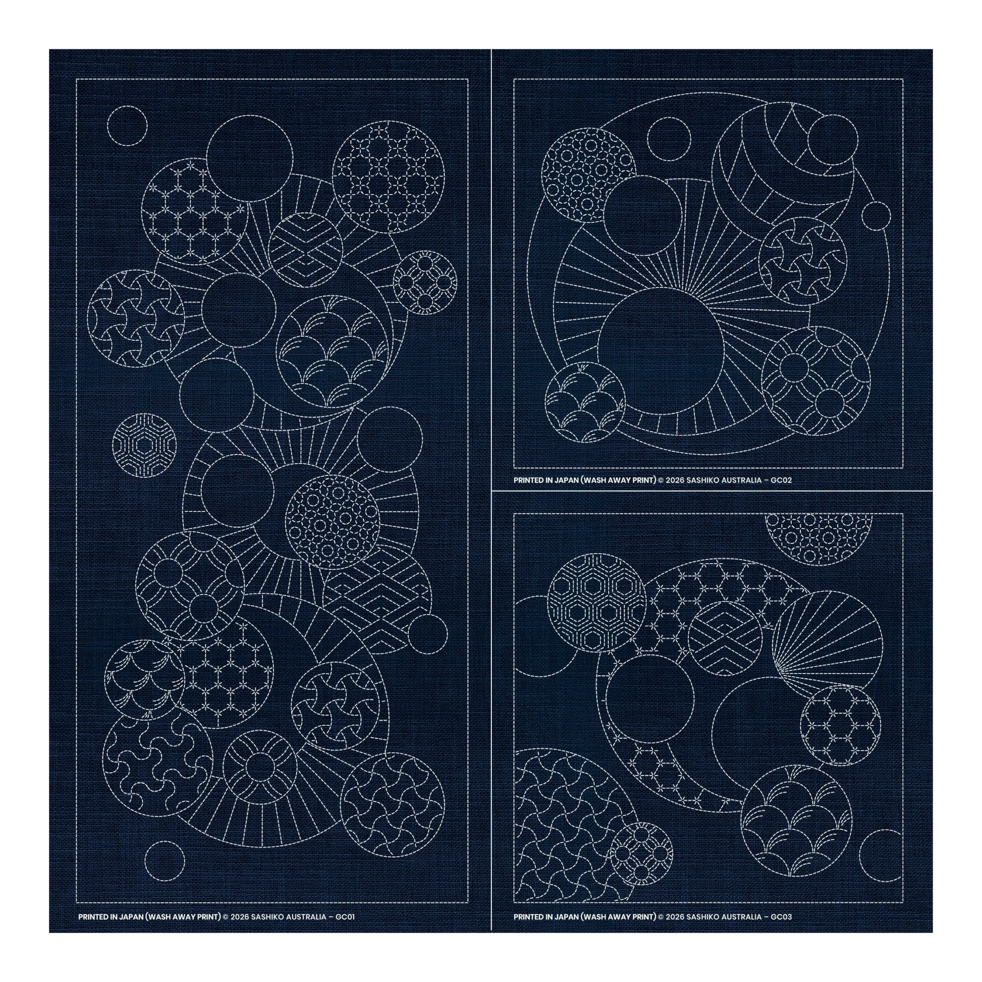 Sashiko Geometric Circles Collection – 3 Designs Cream