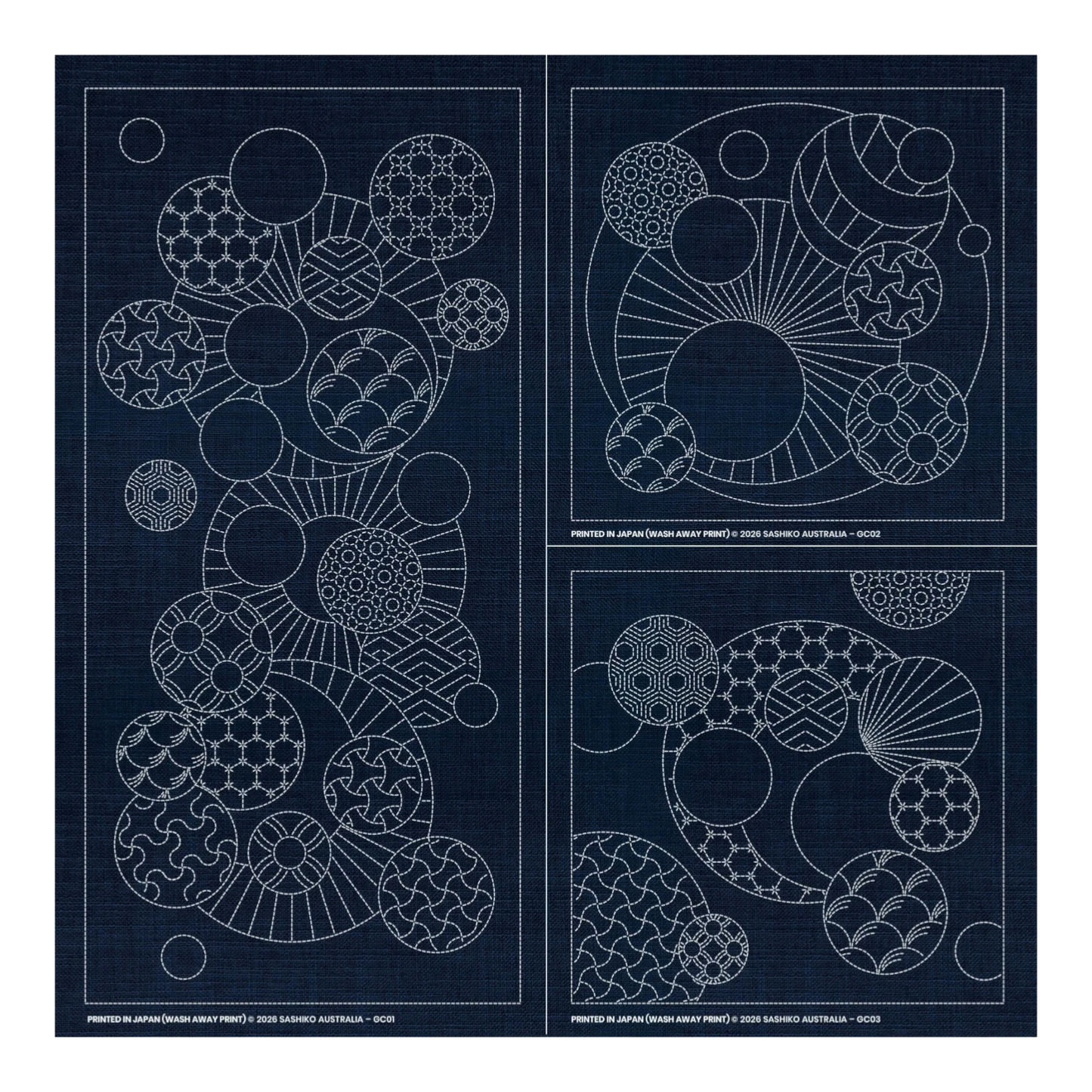 Sashiko Geometric Circles Collection – 3 Designs Indigo