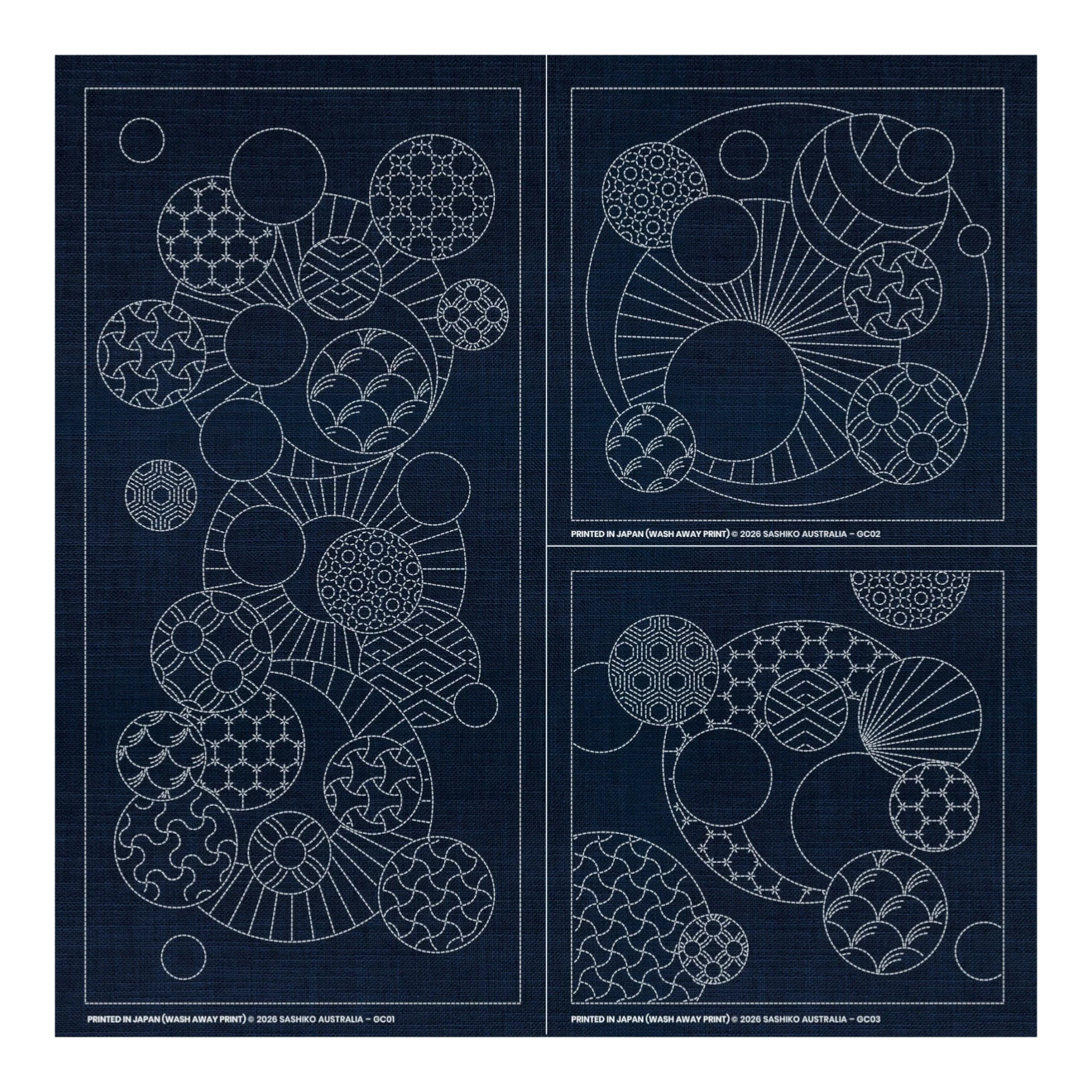 Sashiko Geometric Circles Collection – 3 Designs Indigo