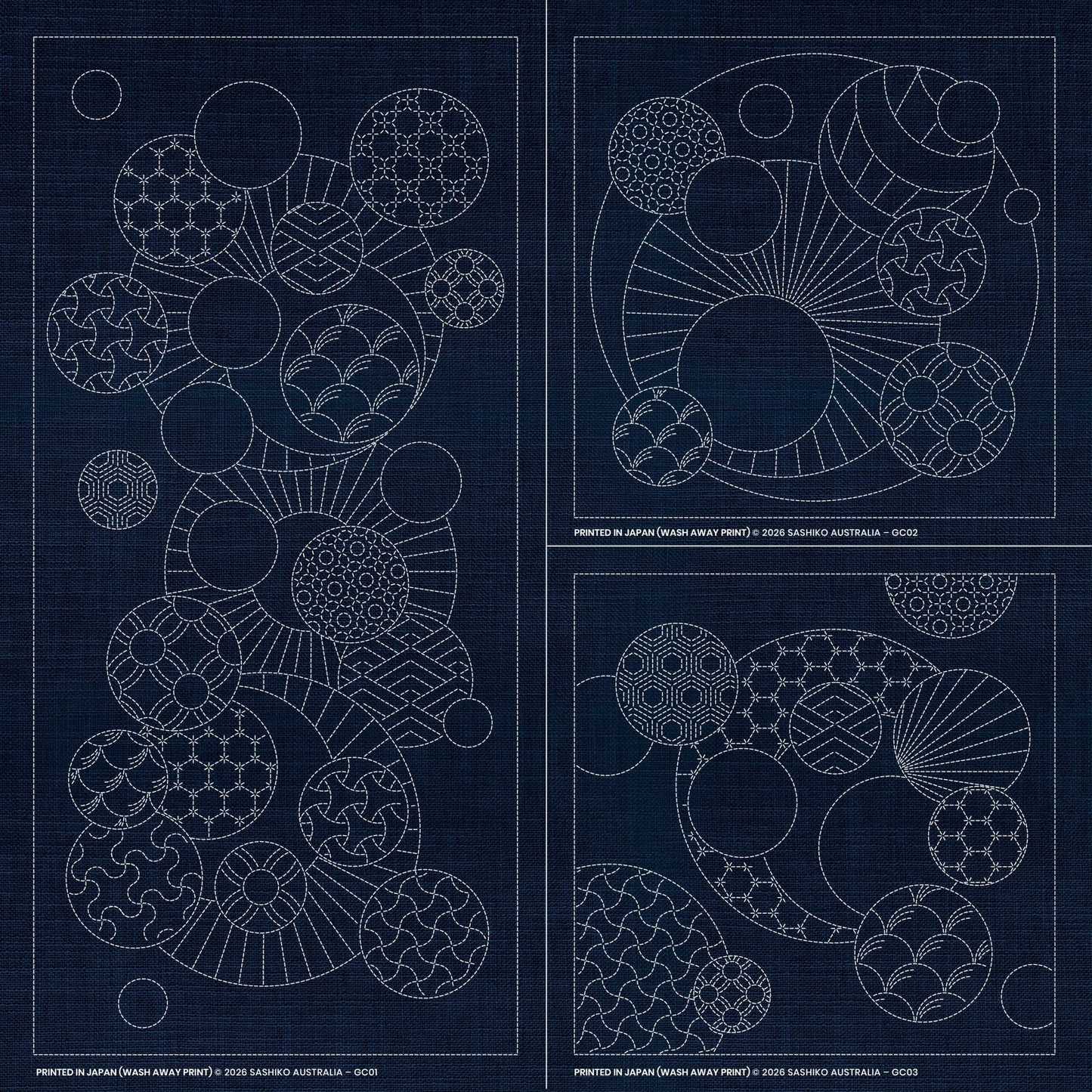 Sashiko Geometric Circles Collection – 3 Designs Green