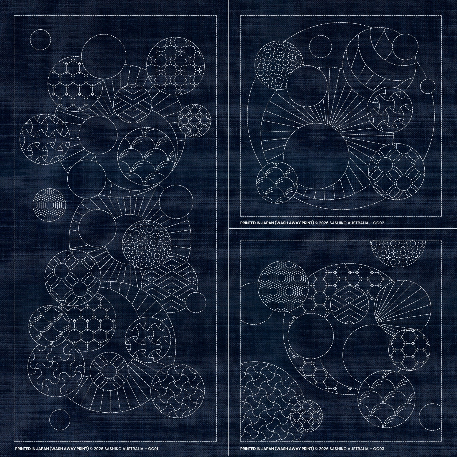 Sashiko Geometric Circles Collection – 3 Designs Green