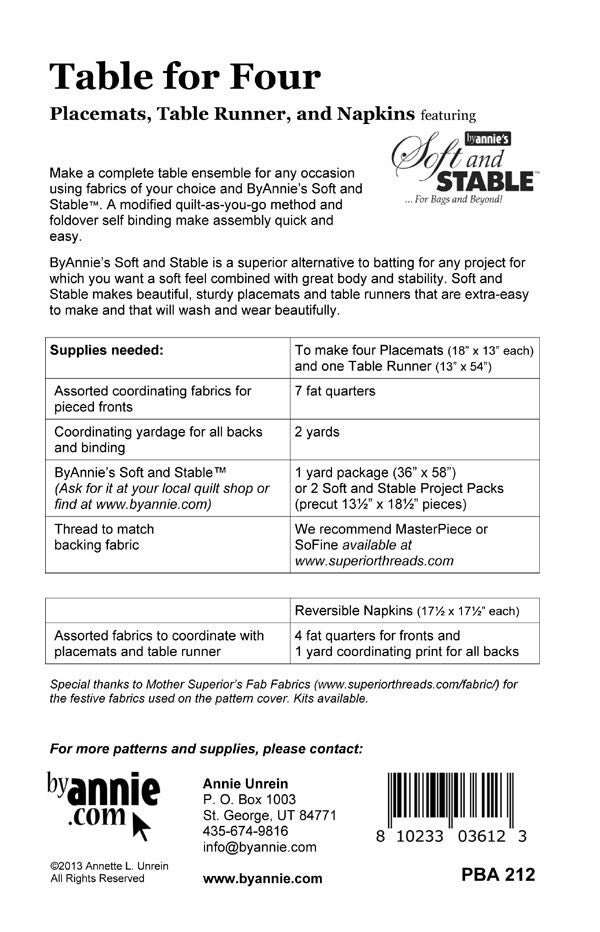 Table For Four Pattern , quilting and craft projects
