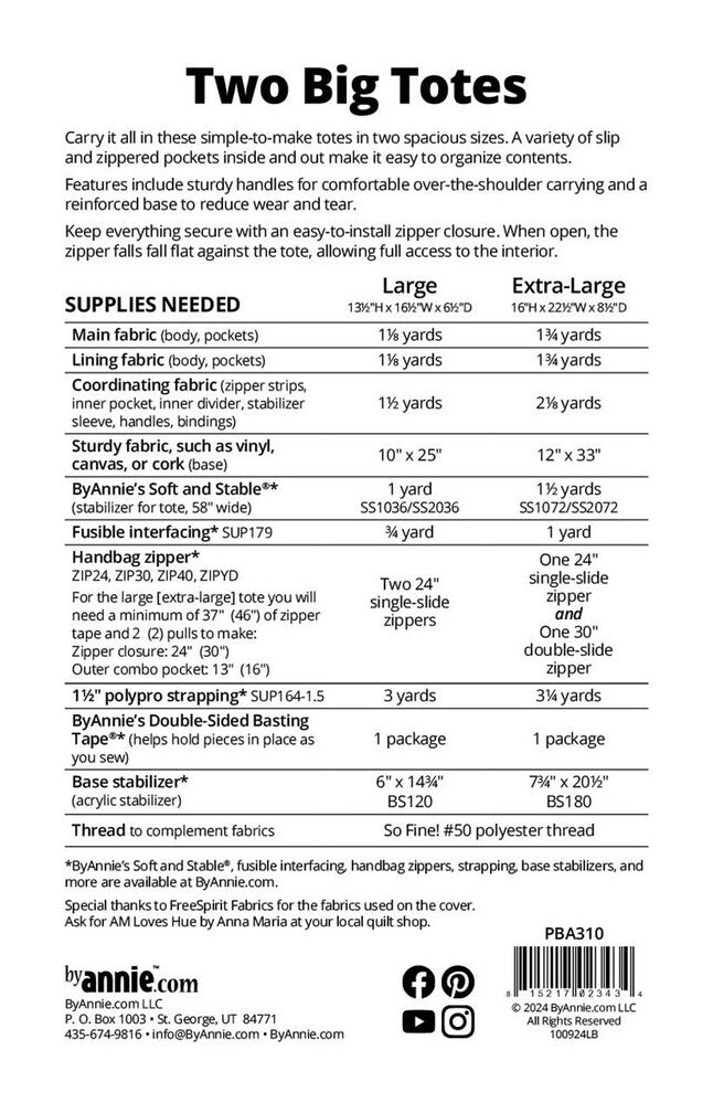 Two Big Totes Pattern PBA310 , quilting and craft projects
