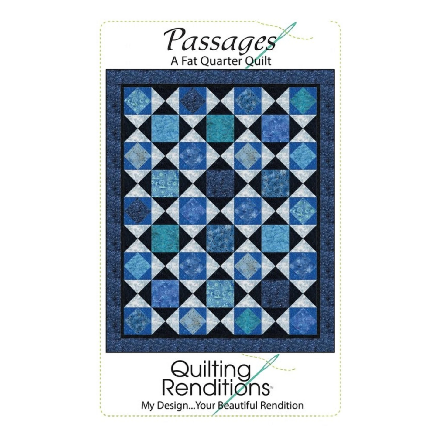 Passages Fat Quarter Quilt Pattern featuring a geometric design in shades of blue and teal.