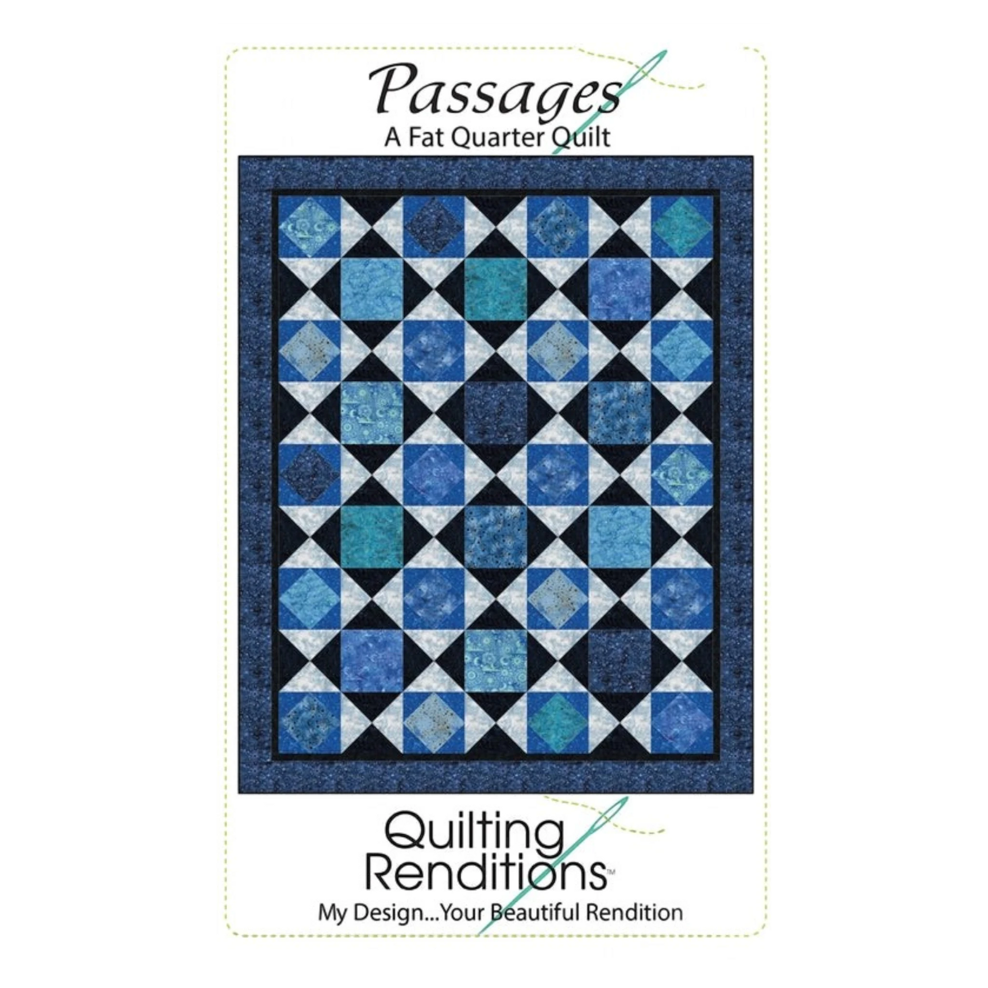 Passages Fat Quarter Quilt Pattern featuring a geometric design in shades of blue and teal.