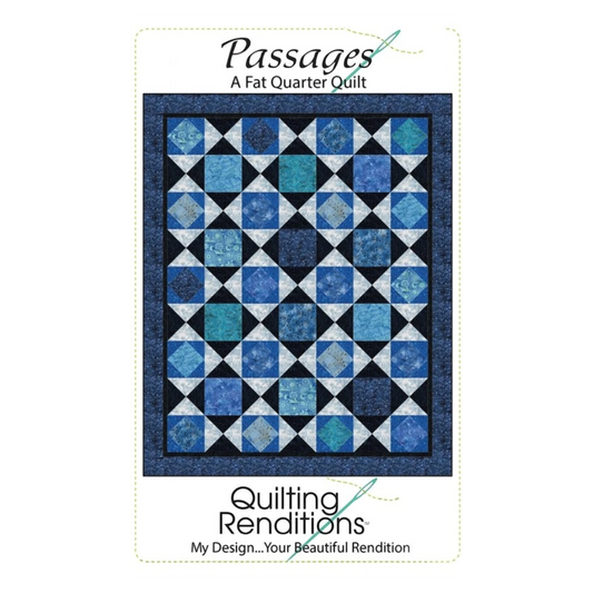Passages Fat Quarter Quilt Pattern featuring a geometric design in shades of blue and teal.