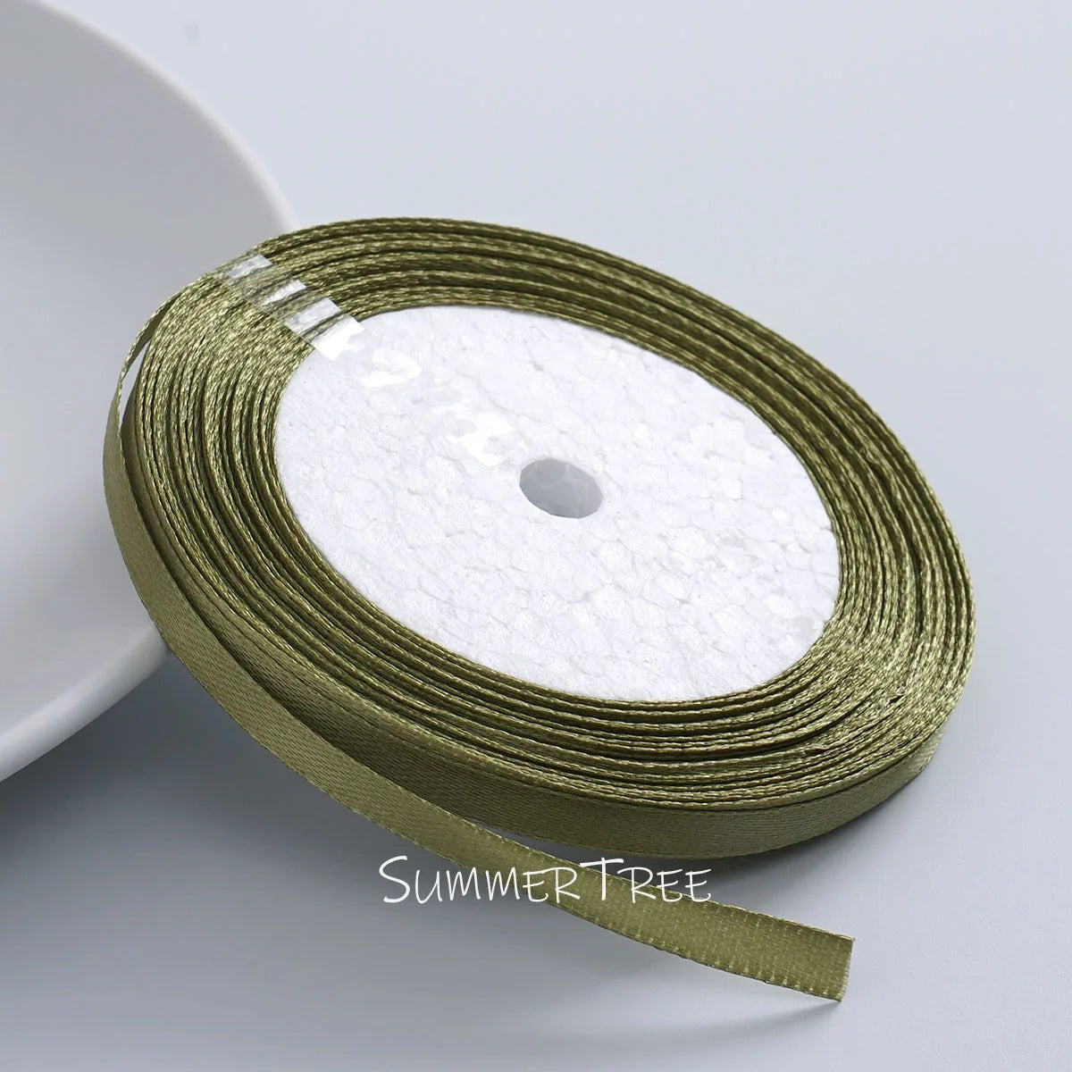 6mm single-sided satin ribbon in Olive Green, sold by the yard — S-04-006-GLL-1