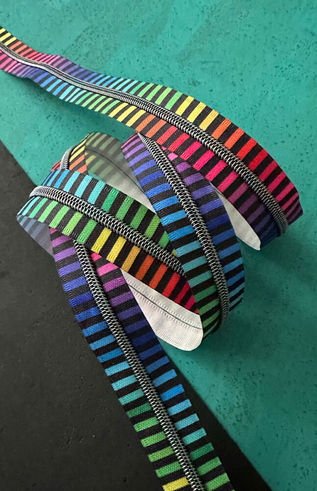 Wide Rainbow Stripe Zipper Tape With Iridescent Teeth for bag making and sewing projects
