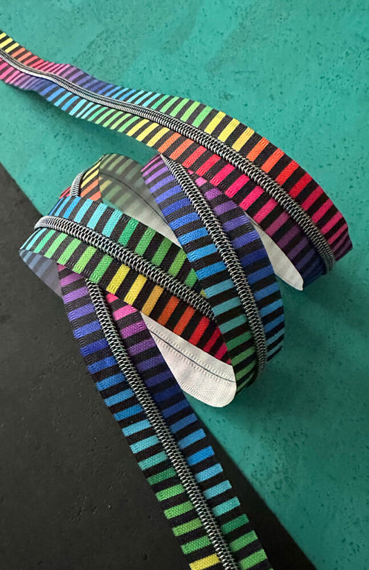 Wide Rainbow Stripe Zipper Tape With Iridescent Teeth for bag making and sewing projects