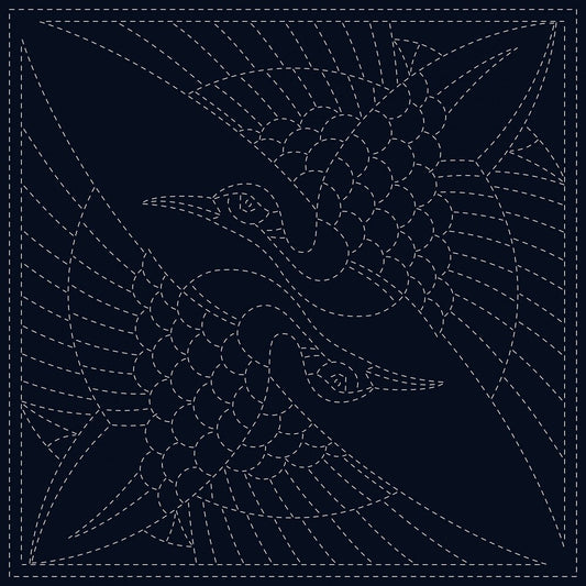 Sashiko Cloth - TWO CRANES , piecing and stitching