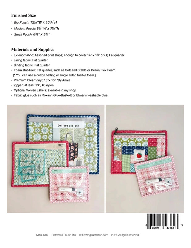 Flatmates Pouch Trio Pattern , quilting and craft projects