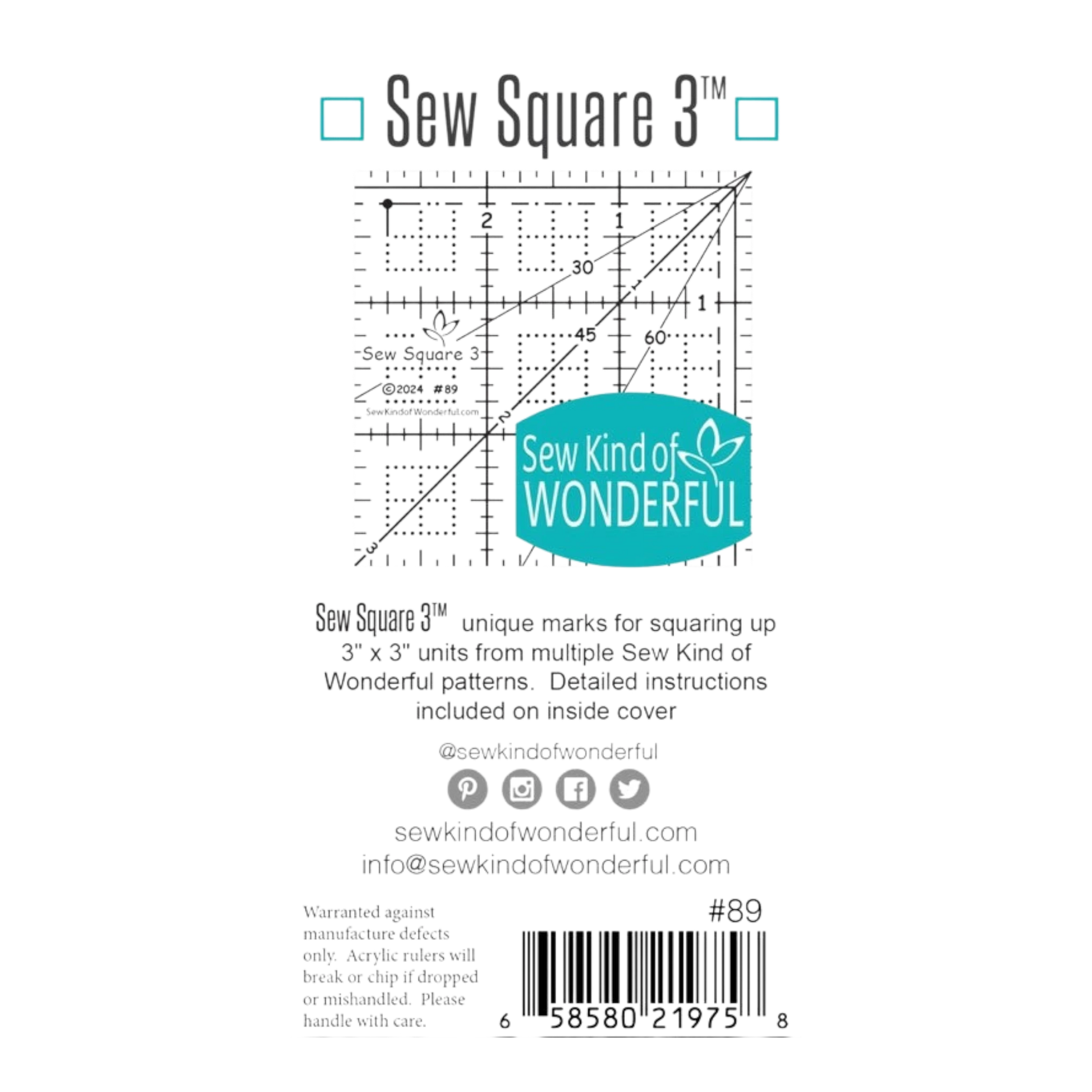 Sew Square 3 Ruler for precise cutting, marking and patchwork
