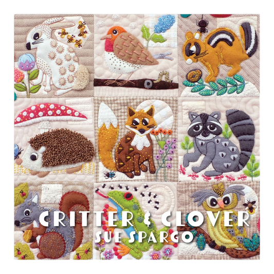 Everything Fabric Critter & Clover book cover featuring colorful wool and cotton appliqué animal embroidery blocks.