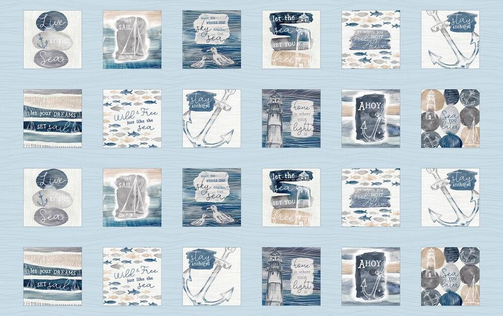 Set Sail - LIGHT BLUE SAILING BLOCKS PANEL for patchwork, quilting and sewing