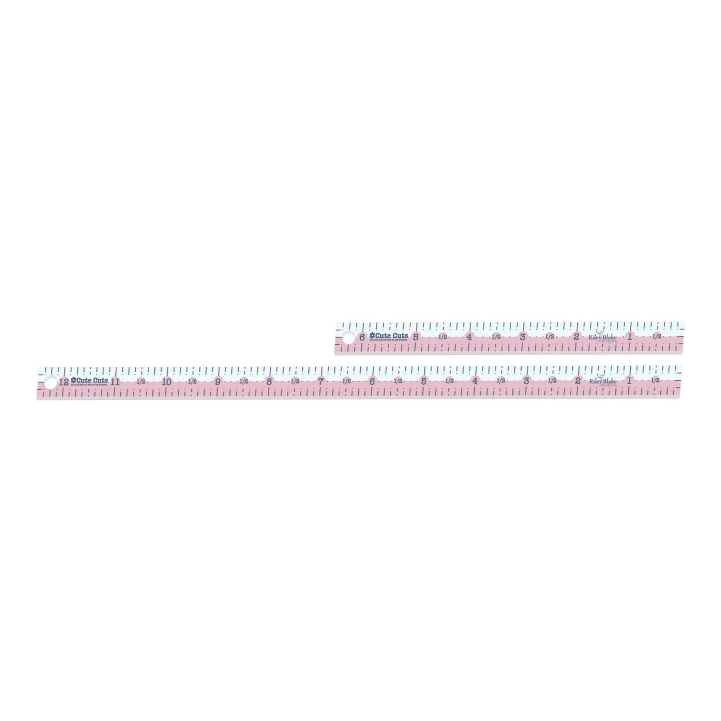 Lori Holt pink fabric ruler set with clear inch and fraction markings for sewing and quilting. Includes a 12-inch and a 6-inch ruler.
