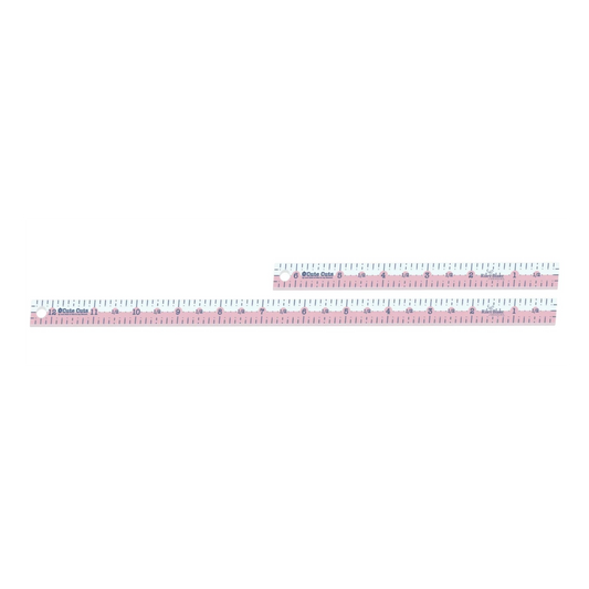 Lori Holt pink fabric ruler set with clear inch and fraction markings for sewing and quilting. Includes a 12-inch and a 6-inch ruler.