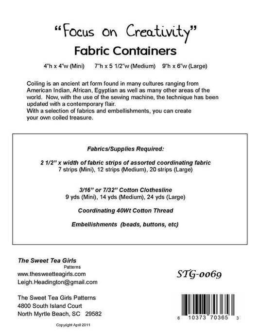 Focus on Creativity Fabric Container Pattern for patchwork, quilting and sewing