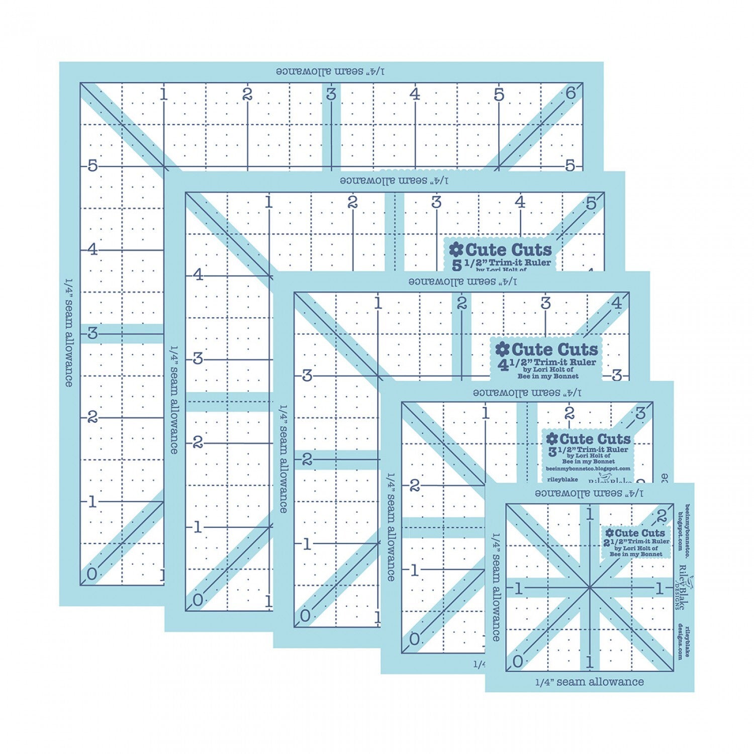 Lori Holt Trim-It Square Ruler Pack - 64 mm,89 mm,114 mm,140 mm,165 mm for precise cutting, marking and patchwork