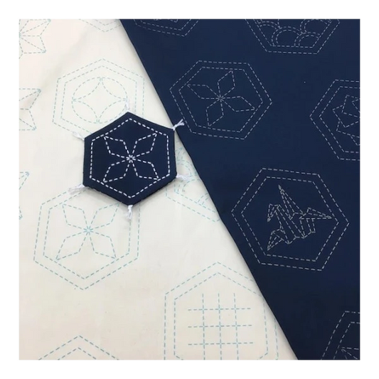 Pre-stencilled Sashiko Fabric Many Patterns Navy Blue