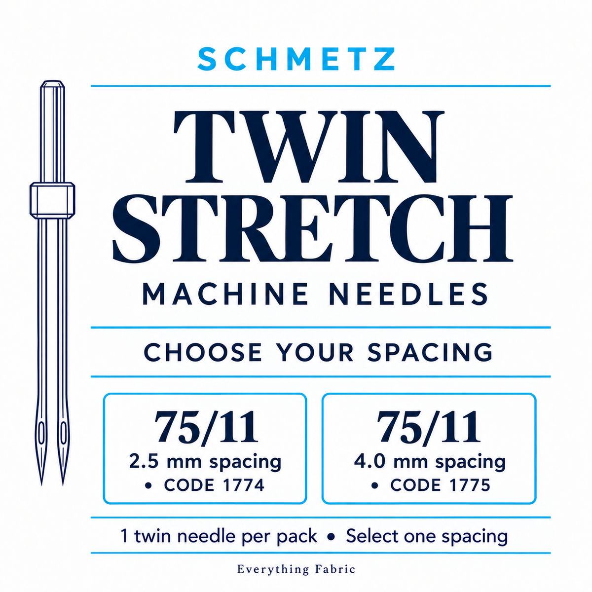 Schmetz Twin Stretch range - 75/11 - 2.5 mm spacing code 1774, 75/11 - 4.0 mm spacing code 1775 - choose one pack