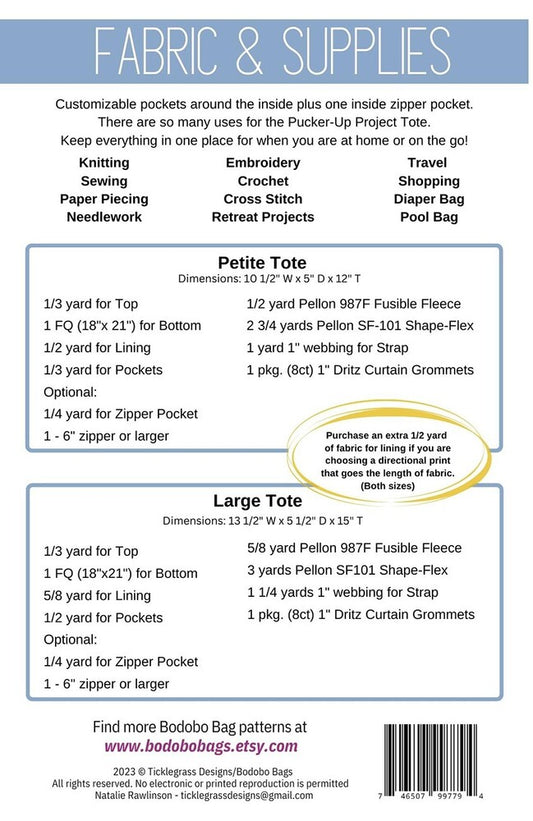 Pucker Up Project Tote Pattern , quilting and craft projects