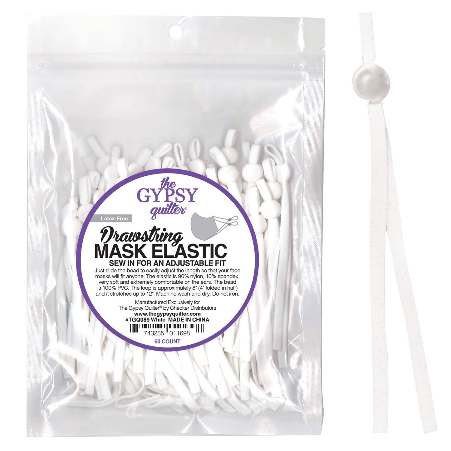 Gypsy Quilter Drawstring Mask Elastic White - 5 pair for garments, sewing and bag making projects