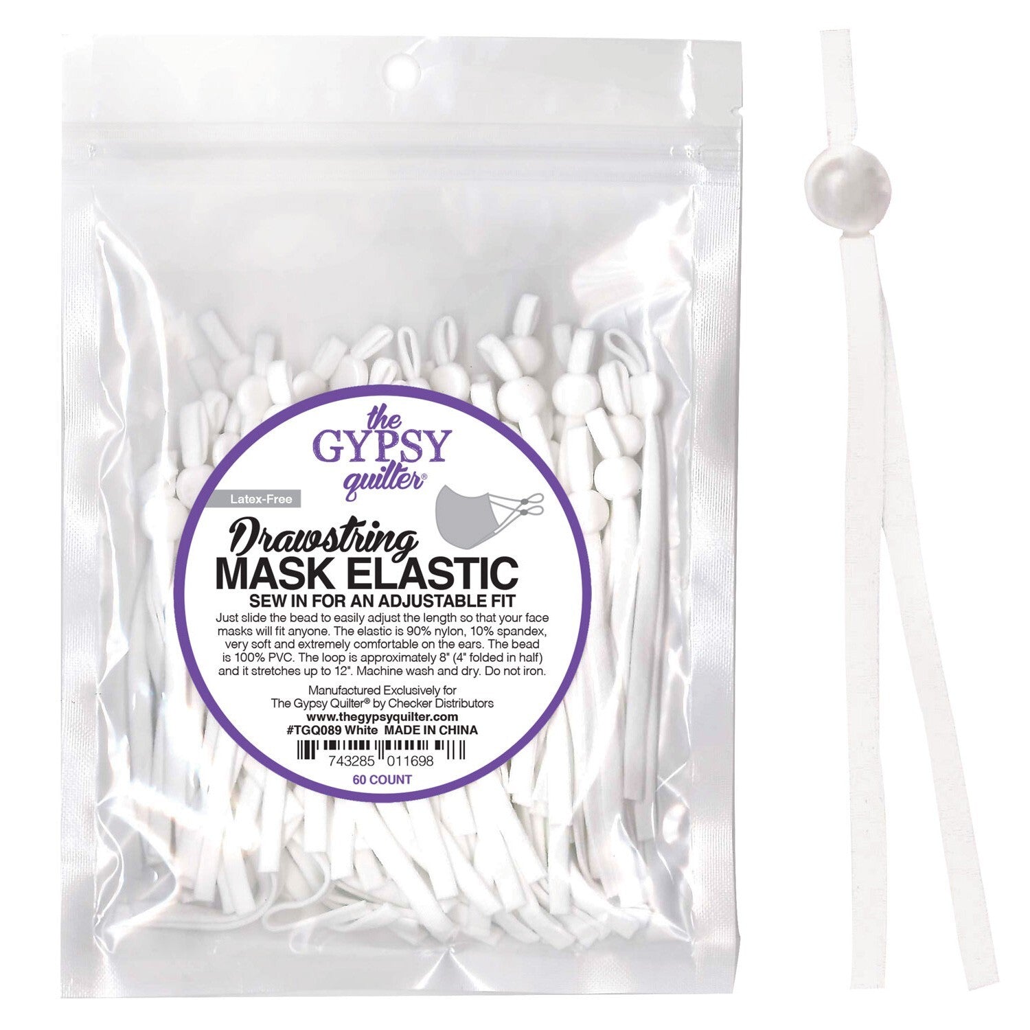 Gypsy Quilter Drawstring Mask Elastic White - 5 pair for garments, sewing and bag making projects