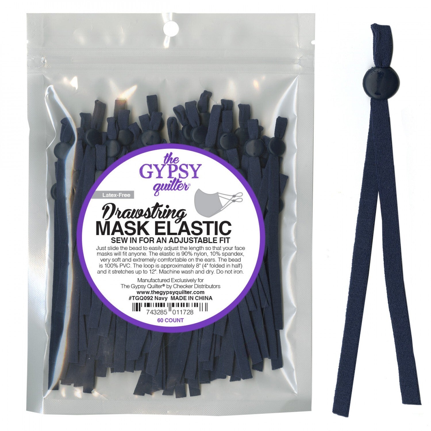 Gypsy Quilter Drawstring Mask Elastic Navy - 5 pairs for garments, sewing and bag making projects