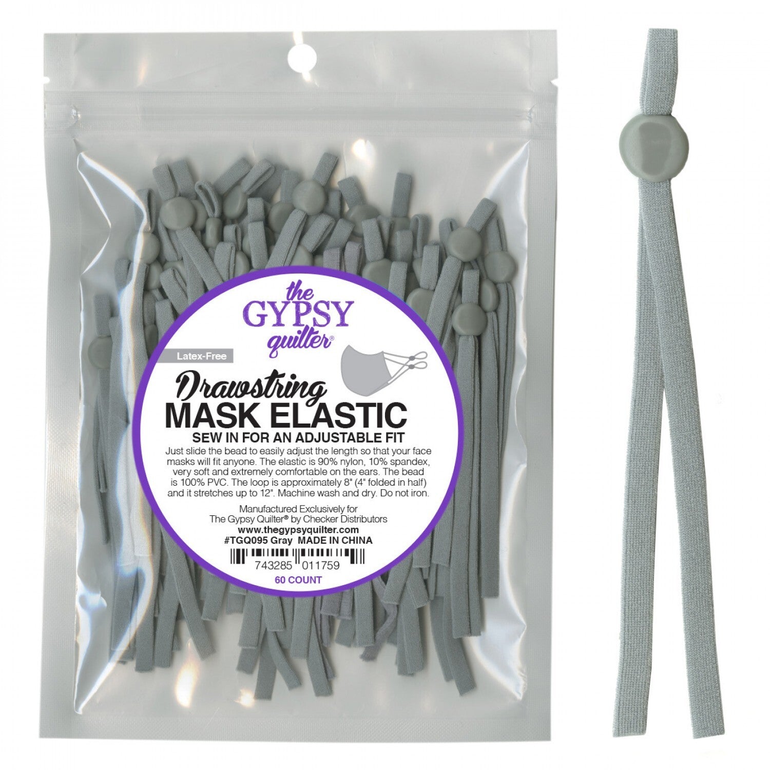 Gypsy Quilter Drawstring Mask Elastic Gray - 5 pairs for garments, sewing and bag making projects