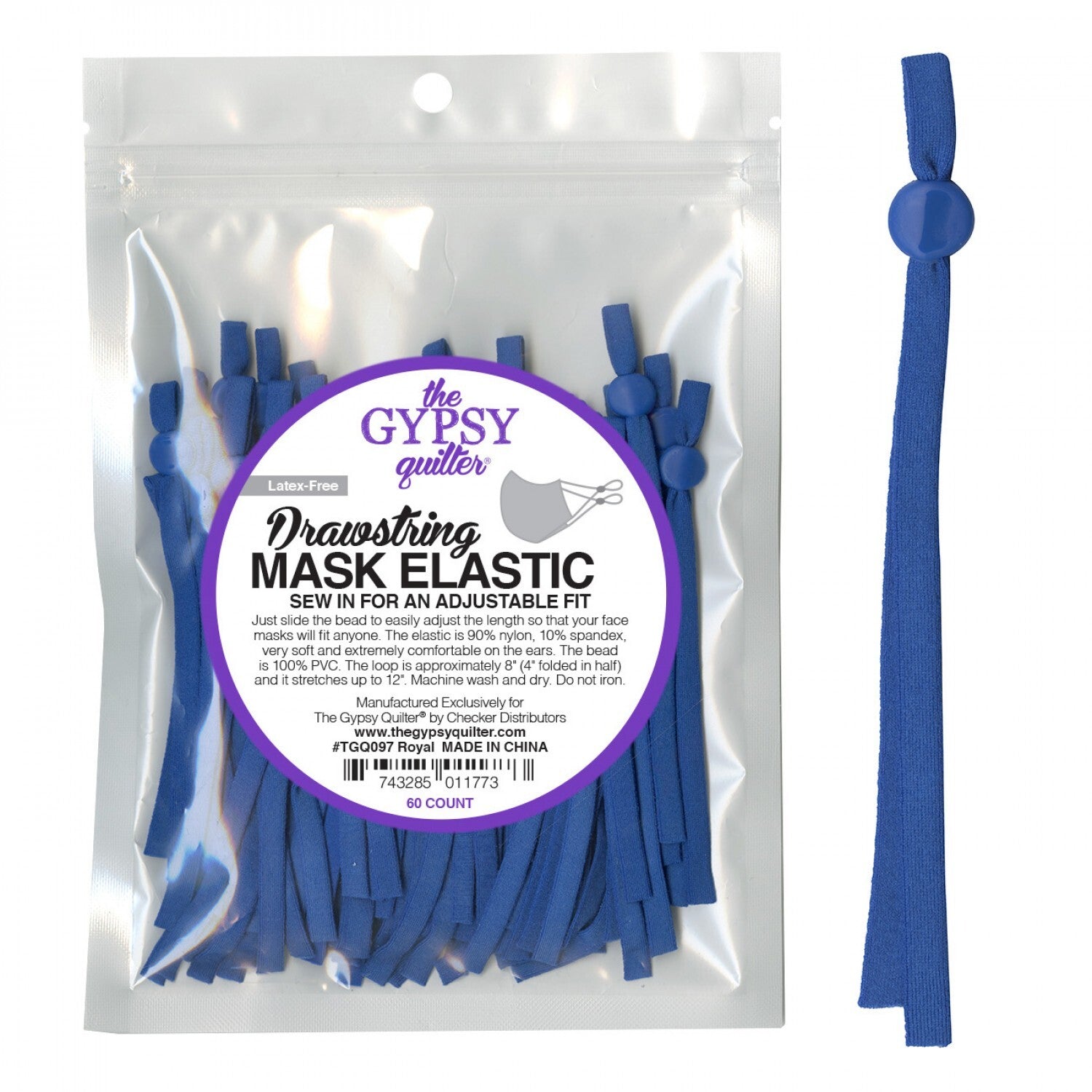 Gypsy Quilter Drawstring Mask Elastic Royal - 5 pairs for garments, sewing and bag making projects
