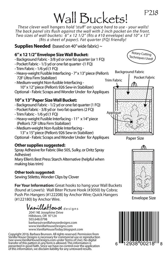 Wall Buckets Pattern , quilting and craft projects
