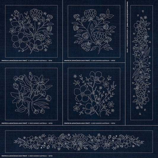 Sashiko AustralianWildflower Collection - 6 Designs - INDIGO , piecing and stitching